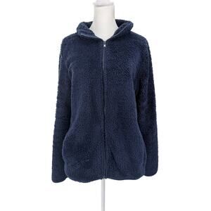 Laura Scott Sherpa Fleece Jacket Womens M Navy Blue Full Zip Cozy Soft